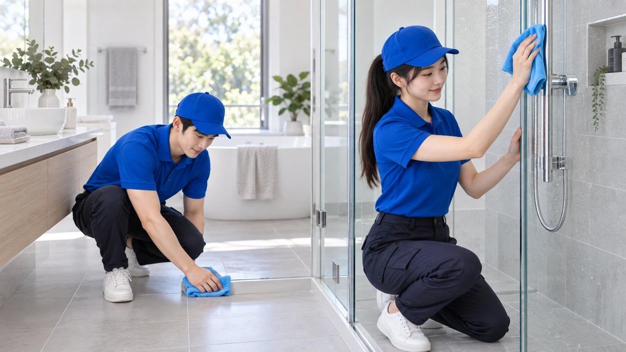 Detailed bathroom and shower-screen cleaning by a professional Hills District cleaning team.