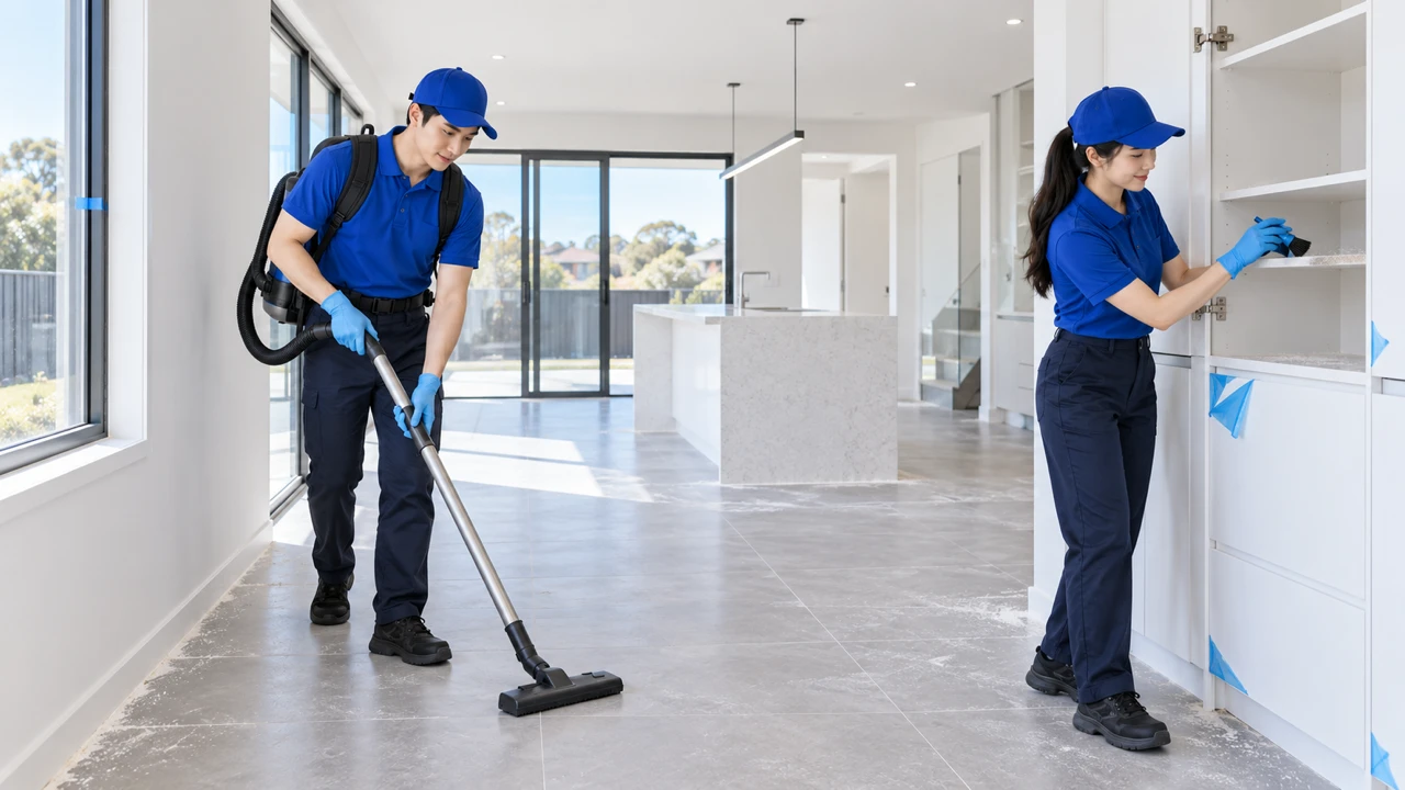 Cleaning team removing dust from floors and new cabinetry after a renovation.