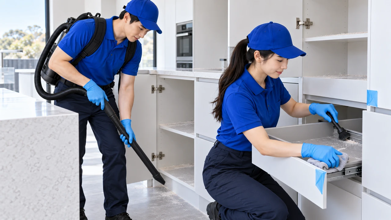 Cleaning team cleaning inside new cupboards and drawers after a renovation.