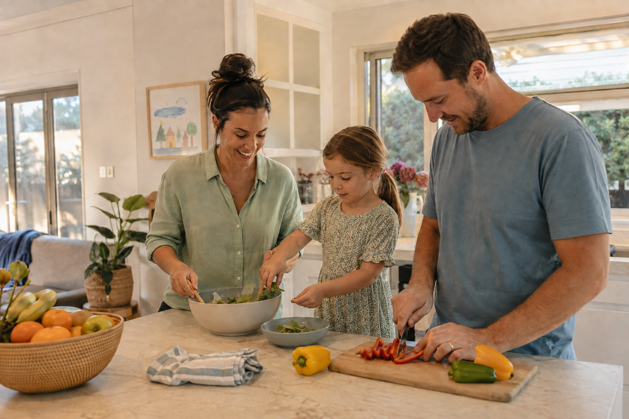 Family preparing dinner together in a clean Hills District home.