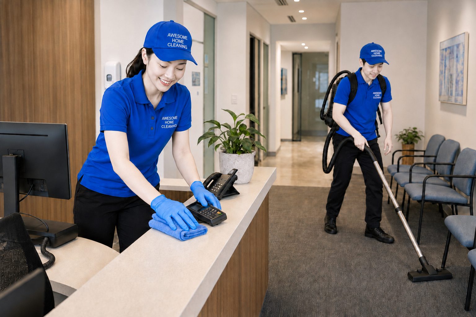Awesome Home Cleaning couple team cleaning a professional office and medical reception area.