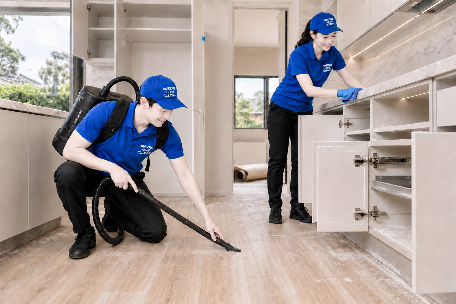Awesome Home Cleaning couple team removing construction dust from a newly renovated kitchen.
