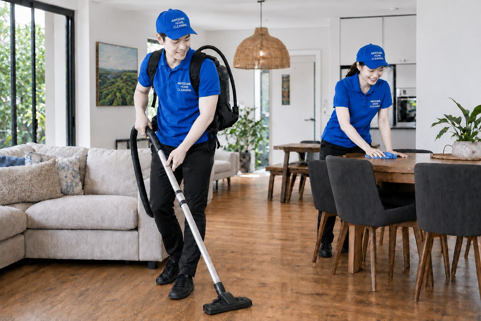 Awesome Home Cleaning couple team vacuuming the floor and wiping a dining table in a Hills District family home.