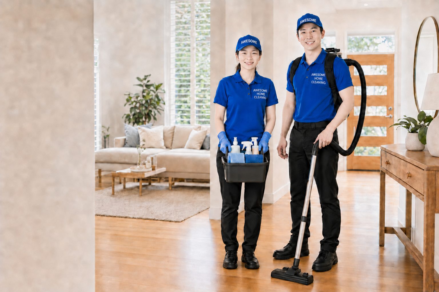 Awesome Home Cleaning couple team arriving with professional equipment at a Hills District home.