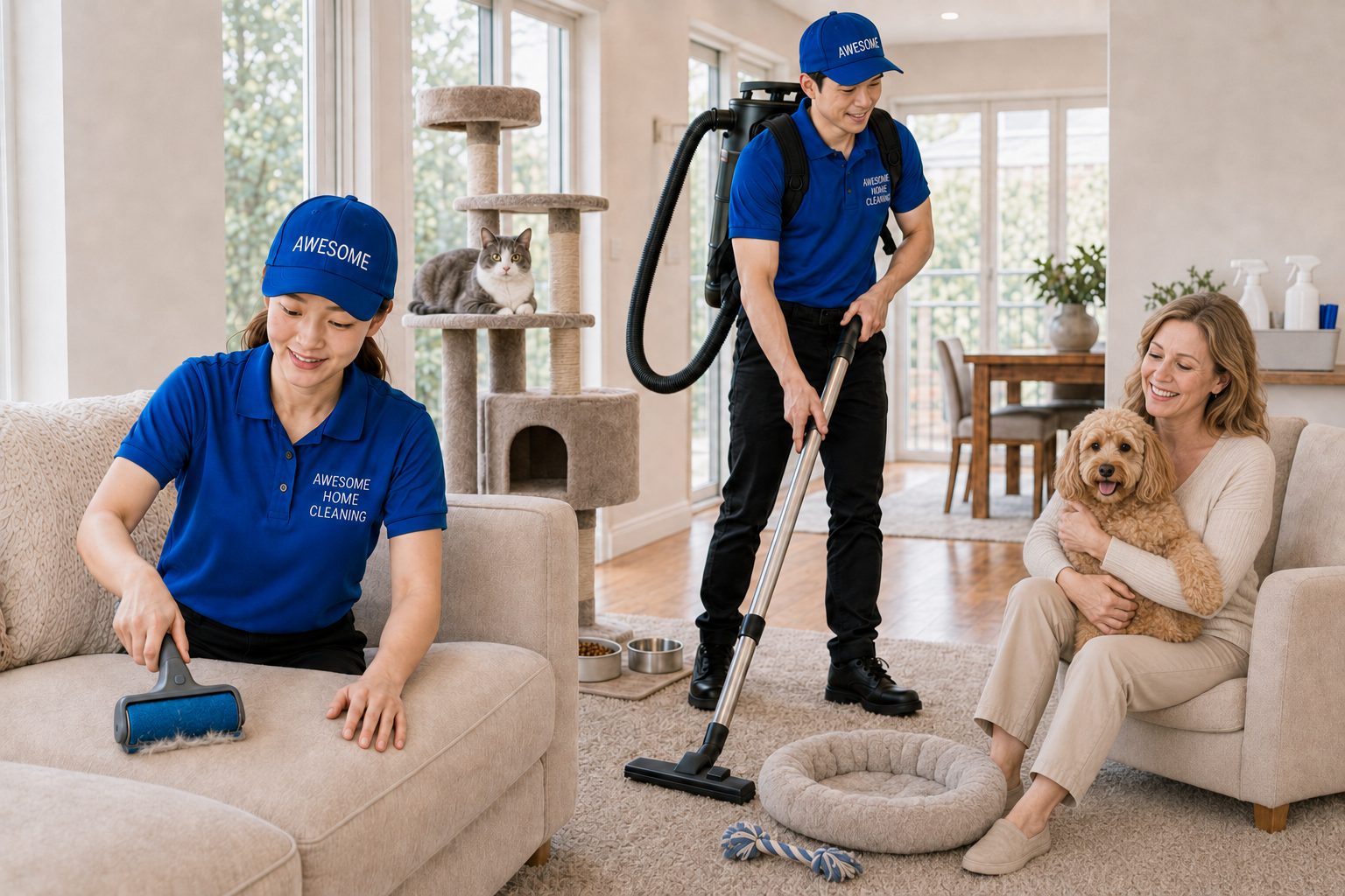 Smiling Hills District homeowner holding her dog while the Awesome Home Cleaning team removes pet hair and cleans around a cat tower.